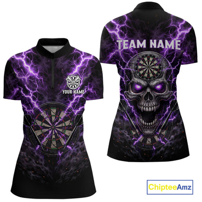 Thunder Lightning Purple Cracked Skull Dartboard Dart 1/4-Zip Shirts For Women Custom Dart Team Shirts NYN2676