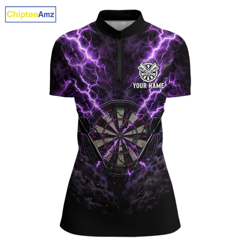 Thunder Lightning Purple Cracked Skull Dartboard Dart 1/4-Zip Shirts For Women Custom Dart Team Shirts NYN2676