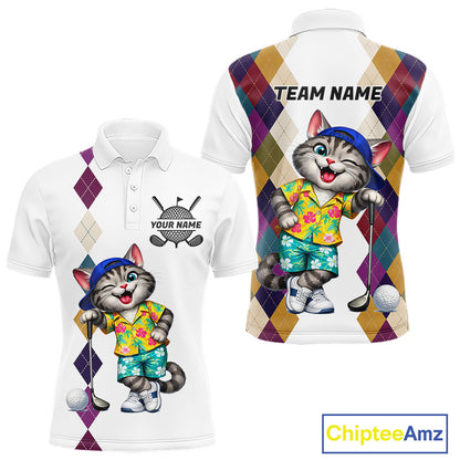 Mens Colorful Argyle Golf Shirts Custom Cat Golfer Clothing Golf Polo Jersey, Best Golf Gifts NYN3052