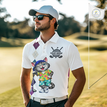 Mens Colorful Argyle Golf Shirts Custom Cat Golfer Clothing Golf Polo Jersey, Best Golf Gifts NYN3052