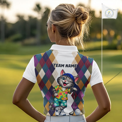 Womens Colorful Argyle Golf Shirts Custom Cat Golfer Clothing Golf Polo Jersey, Best Golf Gifts NYN3052