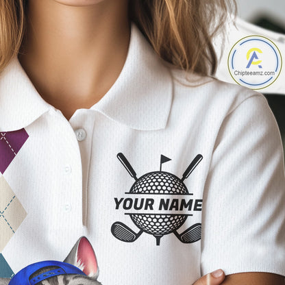Womens Colorful Argyle Golf Shirts Custom Cat Golfer Clothing Golf Polo Jersey, Best Golf Gifts NYN3052
