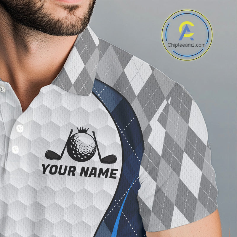Blue And Grey Argyle Polo Golf Shirts For Men Custom White Ball Golf Team Attire For Golfers NYN3058