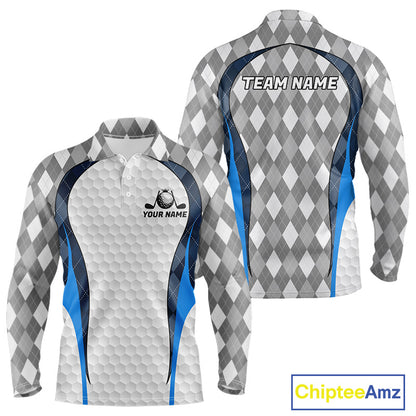 Blue And Grey Argyle Polo Golf Shirts For Men Custom White Ball Golf Team Attire For Golfers NYN3058