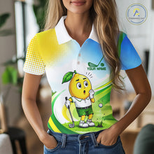 Load image into Gallery viewer, Woman wearing funny lemon golf polo shirt during golf tournament