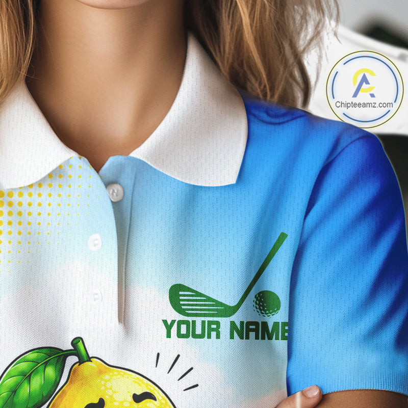 Woman wearing funny lemon golf polo shirt during golf tournament