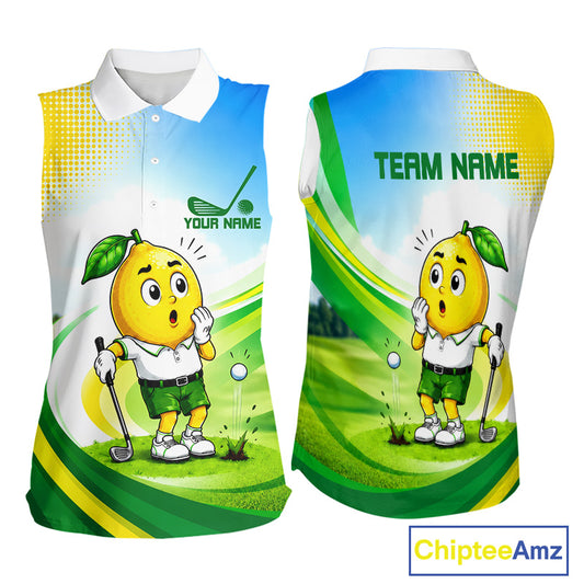 Women's funny lemon golf sleeveless polo shirt mockup personalized matching couples golf shirt