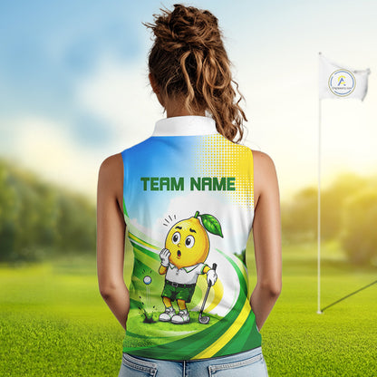 Woman wearing funny lemon golf sleeveless polo shirt during golf tournament