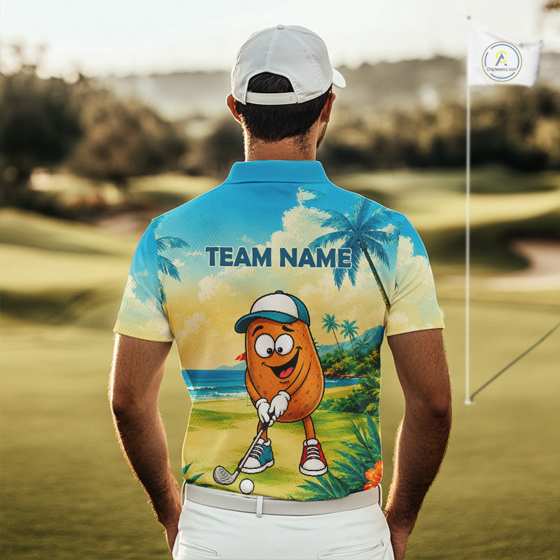 Man wearing funny potato golf polo shirt during golf tournament