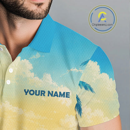 Man wearing funny potato golf polo shirt during golf tournament