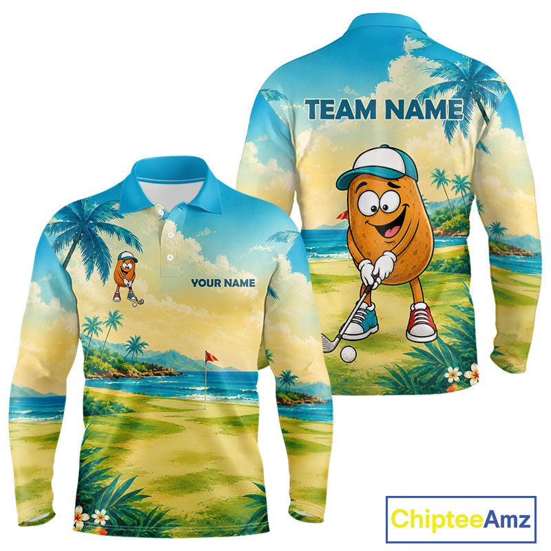 Men's funny potato golf polo shirt mockup tropical golf apparel