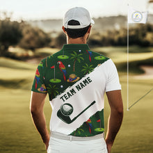 Load image into Gallery viewer, Man wearing parrot palm tree golf polo shirt on sunny golf course