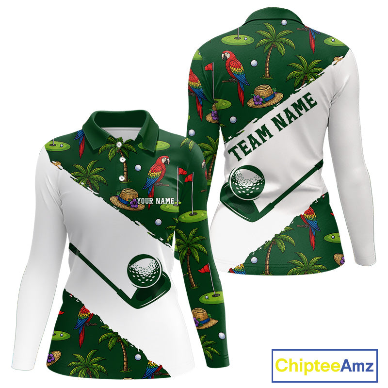 Women's parrot palm tree golf polo shirt mockup tropical UPF golf apparel