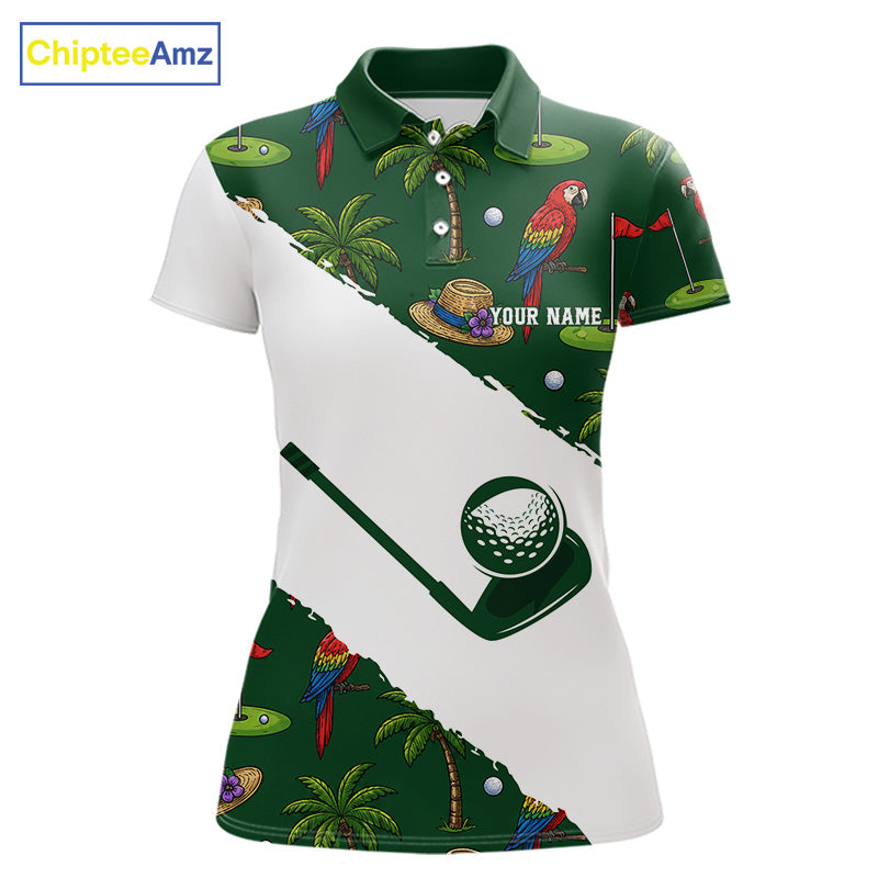 Women's parrot palm tree golf polo shirt mockup tropical golf apparel