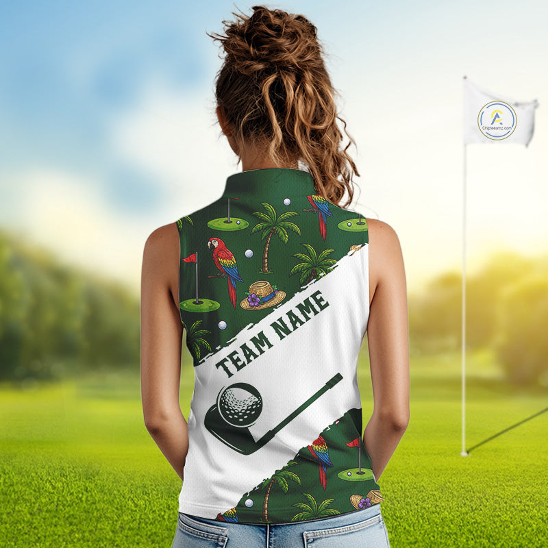 Woman wearing parrot palm tree golf sleeveless polo shirt on sunny golf course