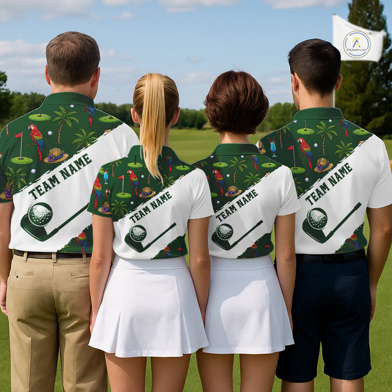 Men's golf team wearing tropical parrot palm tree golf polo shirts