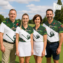 Load image into Gallery viewer, Men's golf team wearing tropical parrot palm tree golf polo shirts