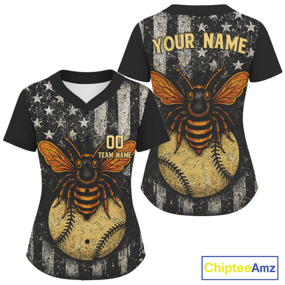 Custom Black-White US Flag Bee Grunge Baseball Shirt For Women Patriotic Baseball Jersey NYN1391
