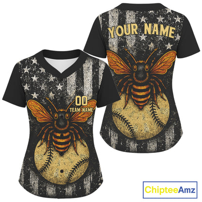 Custom Black-White US Flag Bee Grunge Baseball Shirt For Women Patriotic Baseball Jersey NYN1391