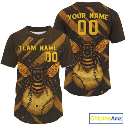 Custom Brown And Yellow Bee Grunge Baseball Shirt For Men Authentic Baseball Jersey NYN1392