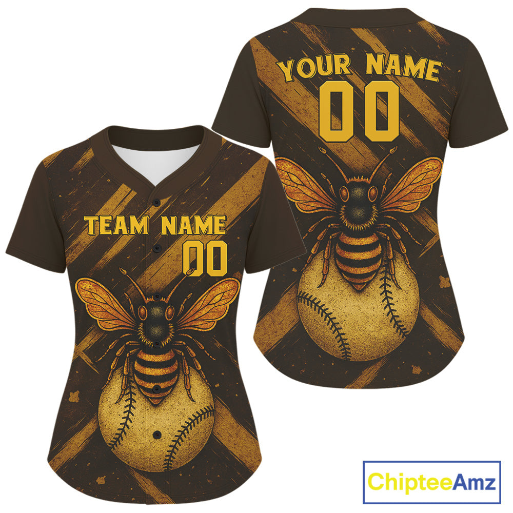Custom Brown And Yellow Bee Grunge Baseball Shirt For Women Authentic Baseball Jersey NYN1392