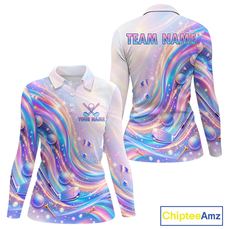 Personalized Golf Polo Shirt For Women Custom Holographic Wave Golf Jersey Colorful Golf Team Uniform NYN4456