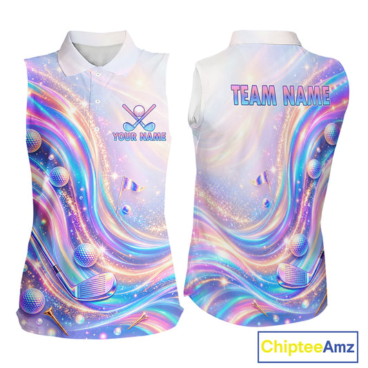 Personalized Golf Sleeveless Polo Shirt For Women Custom Holographic Wave Golf Jersey Colorful Golf Team Uniform NYN4456