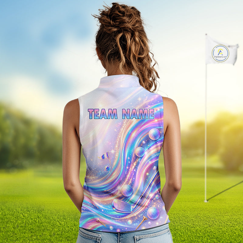 Personalized Golf Sleeveless Polo Shirt For Women Custom Holographic Wave Golf Jersey Colorful Golf Team Uniform NYN4456