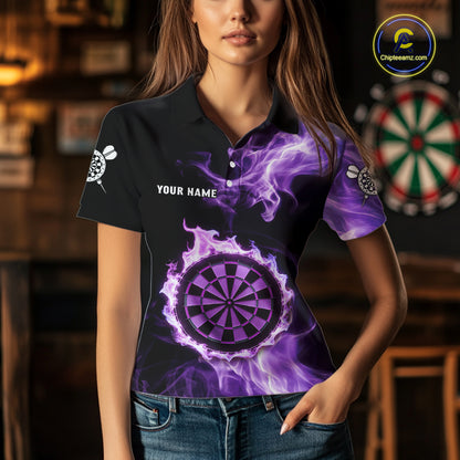 Custom Black And Purple Flames Dartboard Dart Women Polo Jerseys Outfits Dart Team Shirt NYN1661