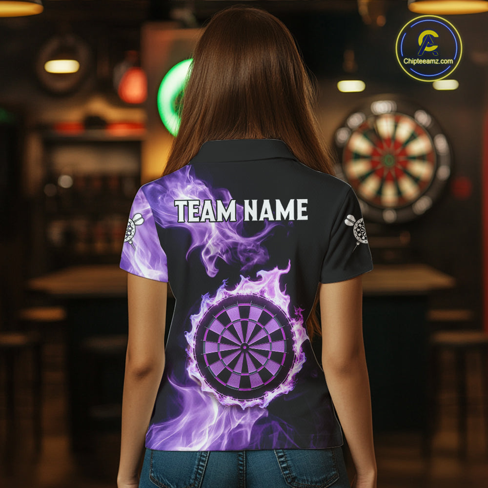 Custom Black And Purple Flames Dartboard Dart Women Polo Jerseys Outfits Dart Team Shirt NYN1661
