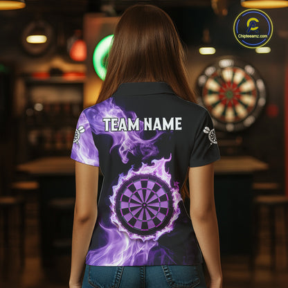 Custom Black And Purple Flames Dartboard Dart Women Polo Jerseys Outfits Dart Team Shirt NYN1661