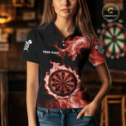 Custom Black And Orange Flames Dartboard Dart Women Polo Jerseys Outfits Dart Team Shirt NYN1662