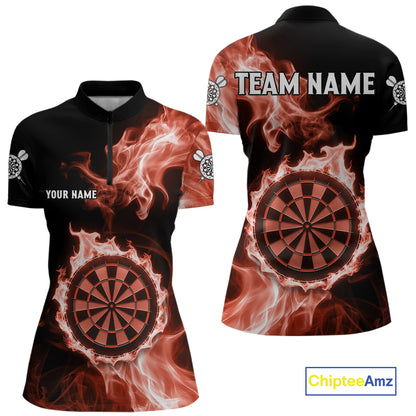 Custom Black And Orange Flames Dartboard Dart Women Quarter-Zip Jerseys Outfits Dart Team Shirt NYN1662