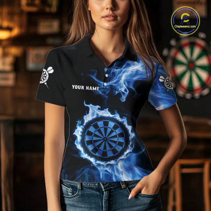 Custom Black And Blue Flames Dartboard Dart Women Polo Jerseys Outfits Dart Team Shirt NYN1663