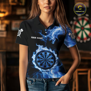 Custom Black And Blue Flames Dartboard Dart Women Polo Jerseys Outfits Dart Team Shirt NYN1663