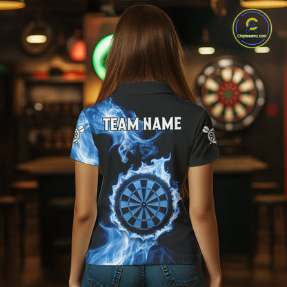 Custom Black And Blue Flames Dartboard Dart Women Polo Jerseys Outfits Dart Team Shirt NYN1663