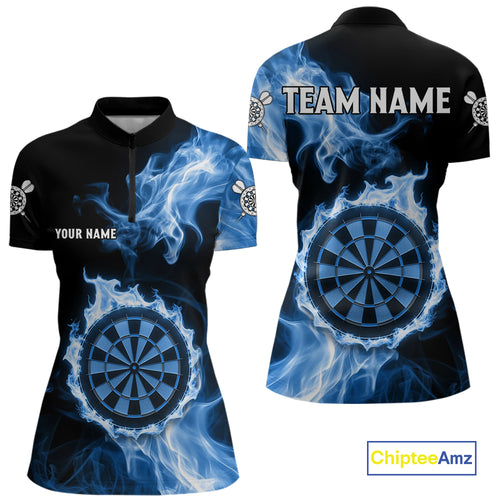 Custom Black And Blue Flames Dartboard Dart Women Polo Jerseys Outfits Dart Team Shirt NYN1663