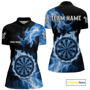 Custom Black And Blue Flames Dartboard Dart Women Polo Jerseys Outfits Dart Team Shirt NYN1663