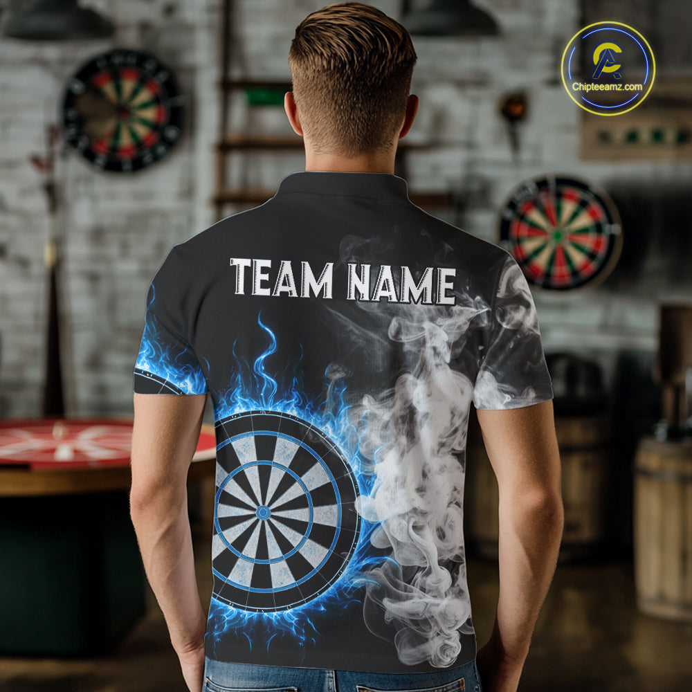 Custom White Smokes Blue Flames Dartboard Dart Men Polo Jerseys Dart Team Shirt NYN1668