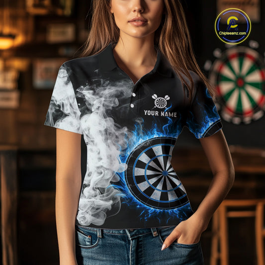 Custom White Smokes Blue Flames Dartboard Dart Women Polo Jerseys Dart Team Shirt NYN1668
