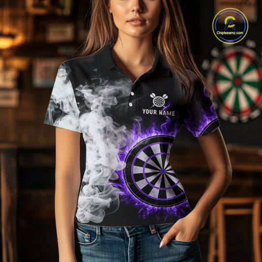 Custom White Smokes Purple Flames Dartboard Dart Women Polo Jerseys Dart Team Shirt NYN1669