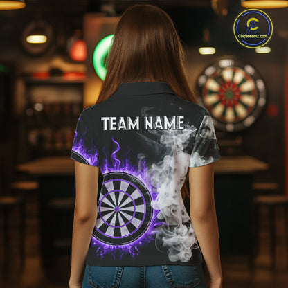 Custom White Smokes Purple Flames Dartboard Dart Women Polo Jerseys Dart Team Shirt NYN1669