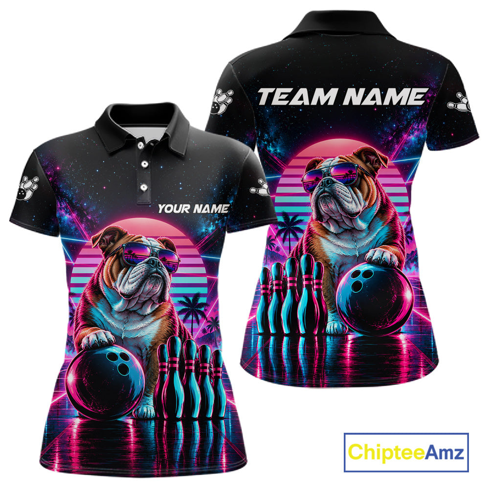 Custom Neon Bulldog Vintage 80S Bowling Polo 1/4-Zip Shirt For Women Personalized Retro Bowling Jersey NYN4827