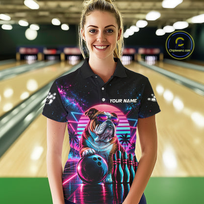 Custom Neon Bulldog Vintage 80S Bowling Polo 1/4-Zip Shirt For Women Personalized Retro Bowling Jersey NYN4827