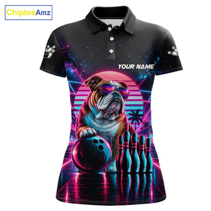 Custom Neon Bulldog Vintage 80S Bowling Polo 1/4-Zip Shirt For Women Personalized Retro Bowling Jersey NYN4827