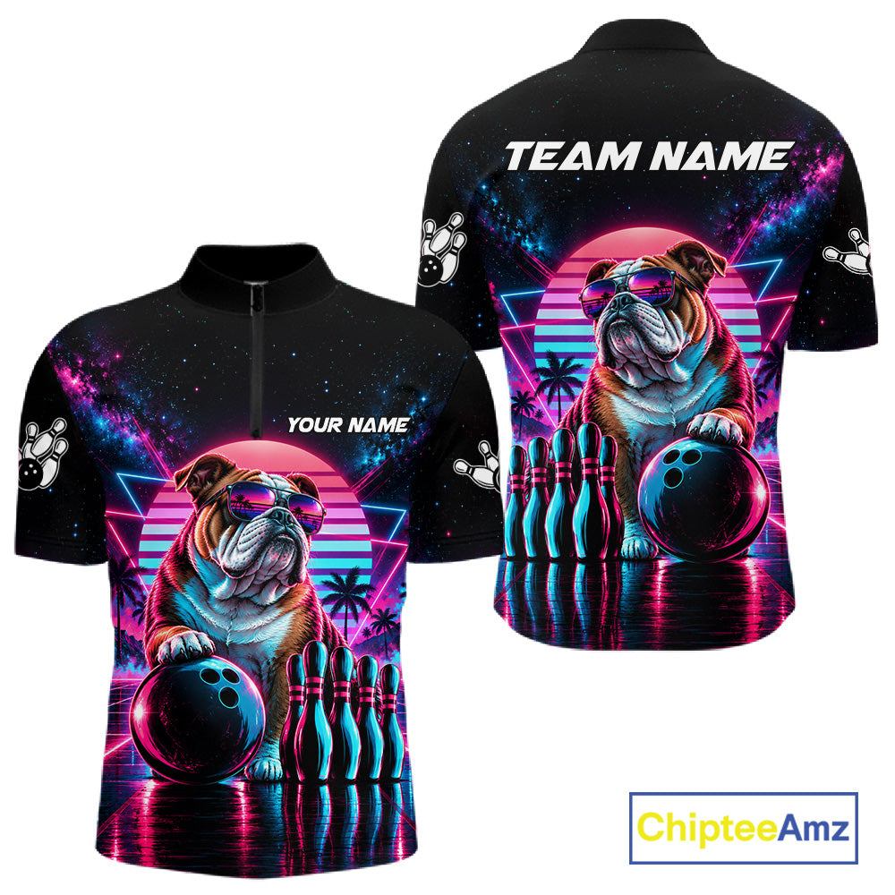 Custom Neon Bulldog Vintage 80S Bowling Polo 1/4-Zip Shirt For Men Personalized Retro Bowling Jersey NYN4827