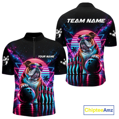 Custom Neon Bulldog Vintage 80S Bowling Polo 1/4-Zip Shirt For Men Personalized Retro Bowling Jersey NYN4827
