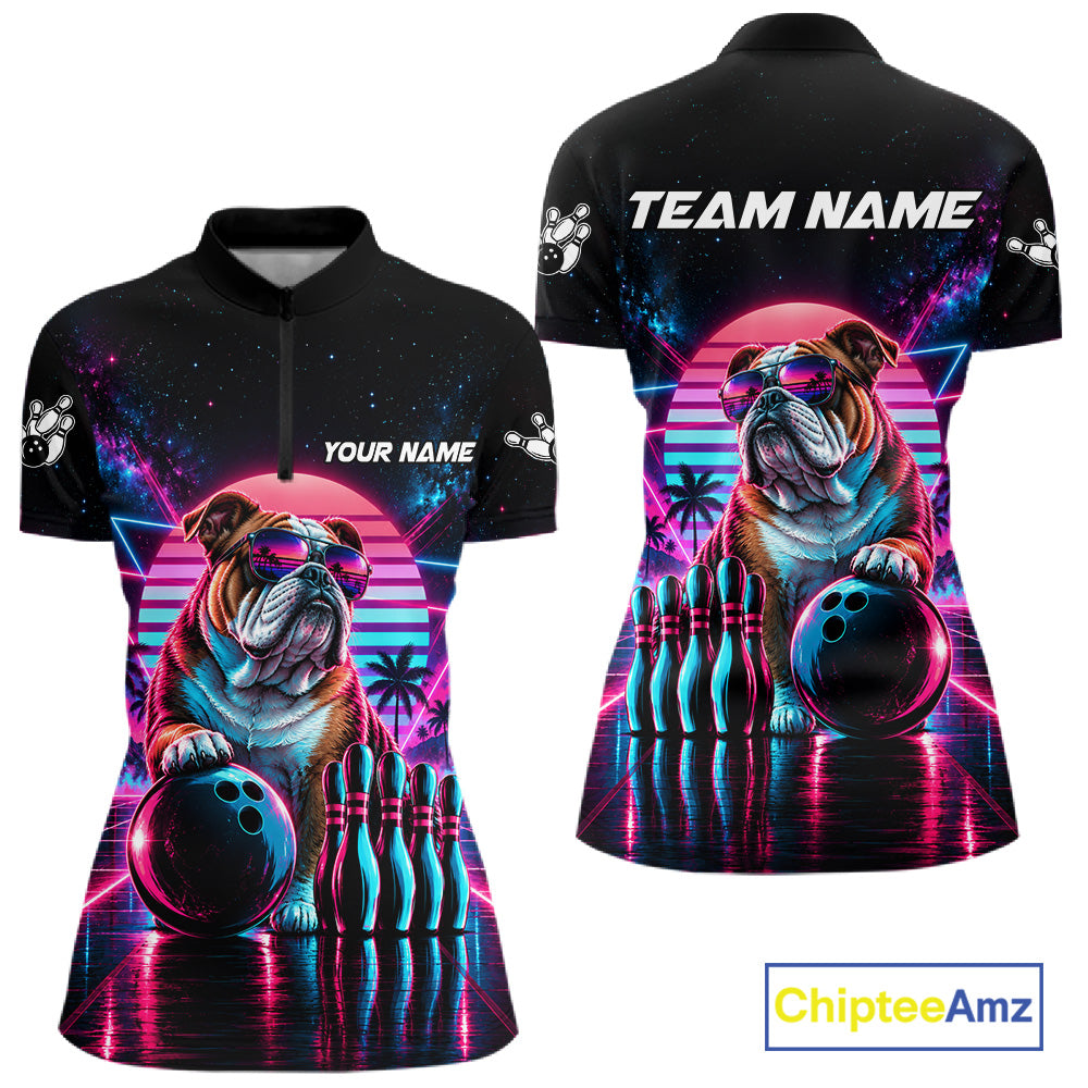 Custom Neon Bulldog Vintage 80S Bowling Polo 1/4-Zip Shirt For Women Personalized Retro Bowling Jersey NYN4827
