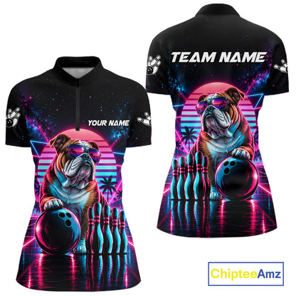 Custom Neon Bulldog Vintage 80S Bowling Polo 1/4-Zip Shirt For Women Personalized Retro Bowling Jersey NYN4827