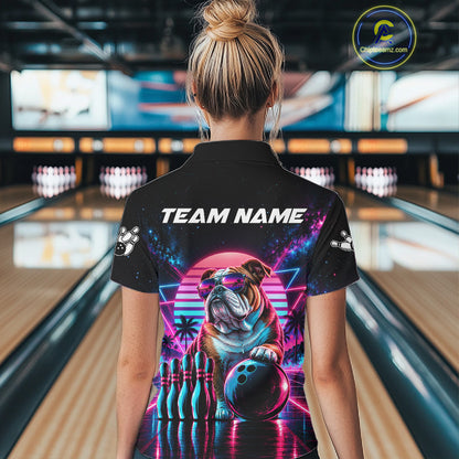 Custom Neon Bulldog Vintage 80S Bowling Polo 1/4-Zip Shirt For Women Personalized Retro Bowling Jersey NYN4827